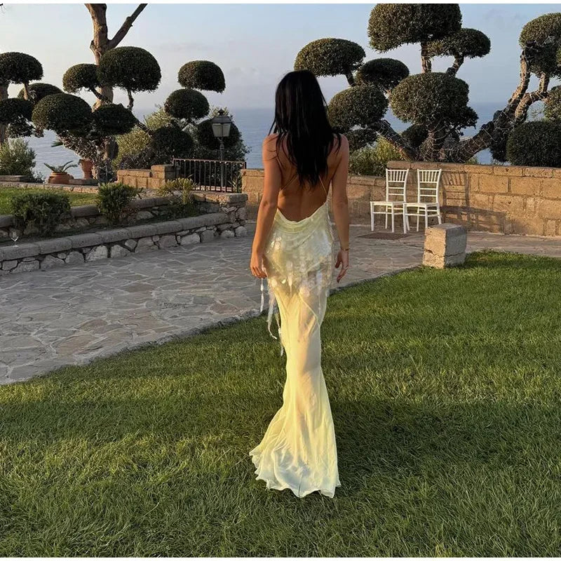 Sexy Sequins Backless Long Mermaid Dress Women Bodycon Halter Neck Sleeveless See Through Party Dresses 2024 Autumn Evening Gown