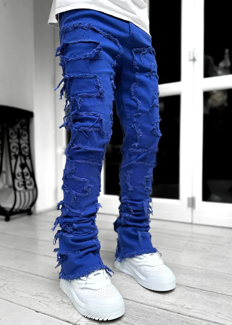 New European Camo Pants Men High Street Slim Fit Stretch Patched Denim Ripped Male's Stacked Jeans Men's camouflage jeans