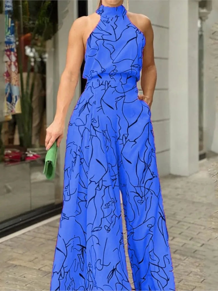 Women's New Fashion Round-neck Sexy Printed Jumpsuit Trousers Simple Sleeveless High Waist Tie Temperament Commuting Jumpsuit