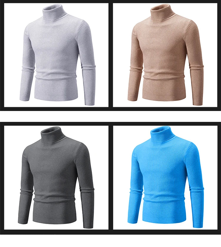 Spring Autumn New Men's High Neck Sweater Solid Color Pullover Knitted Tight Warm Top Casual Turtleneck Versatile Inner Matching