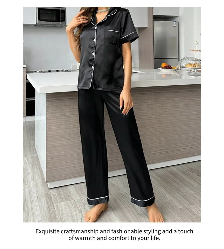 Satin Pajama For Women Home Clothes Pajamas Autumn Short Sleeve Turn-down Collar Tops & Pants Sleepwear 2 Piece Set Pyjama Femme