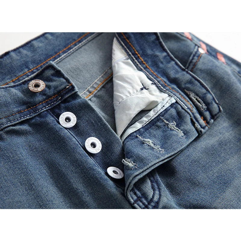 Men Pants High Quality Streetwear Men's Ripped Nostalgic Scratched Jeans Casual  Button Straight Denim Trousers Male Pant