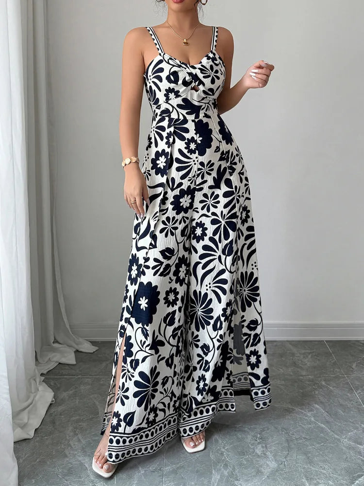 Jumpsuits Sleeveless Women V Neck Print Rompers Wide Leg Length Pants Jumpsuit Sexy High Waist Slight Strech Loose One Piece