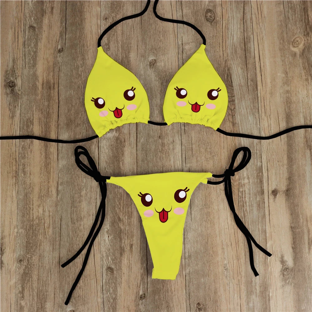Sexy Bikini Set Yellow Swimsuit Cartoon Print  Fashion Sweet Women's Bra Swimsuit Deep V Summer Beachwear Party Bikini suit