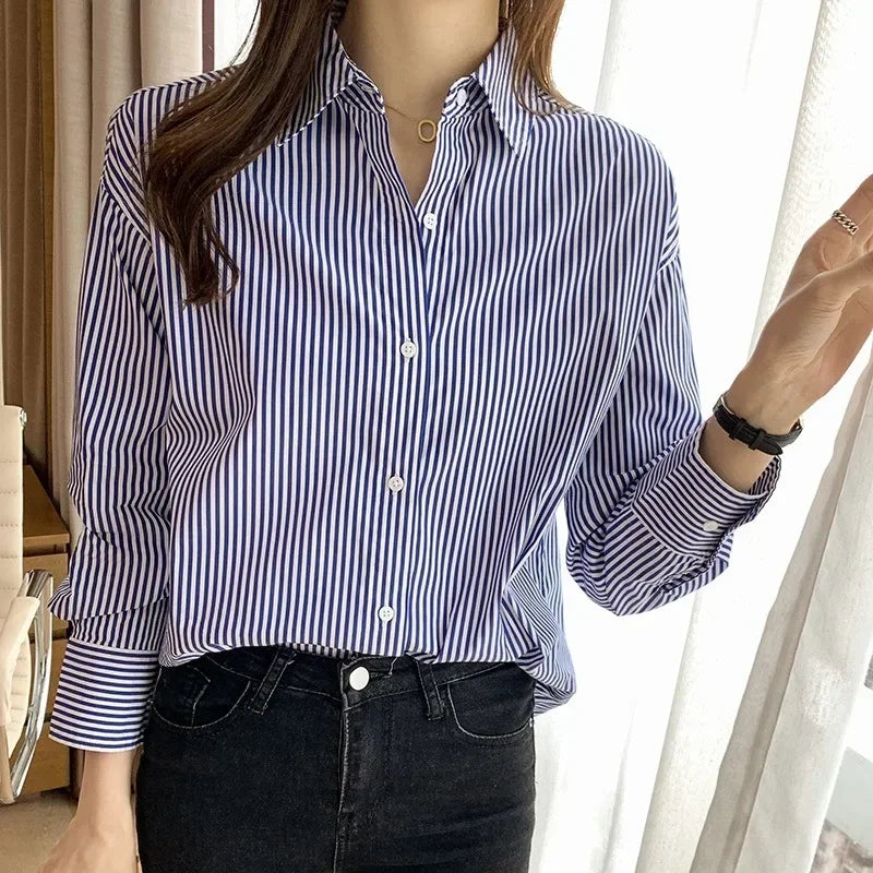 Korean Loose Shirt Classic Striped Woman Spring Autumn Blouses Shirt Lady Long Lantern Sleeve Stand Collar Loose Blusas Tops