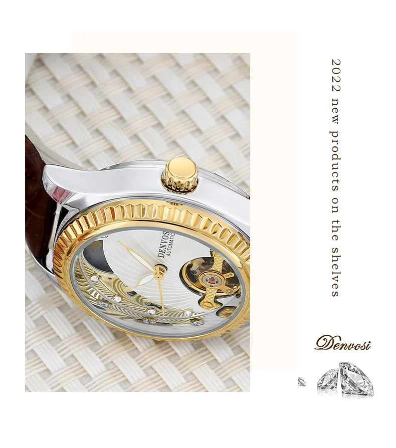 Ladies Flywheel double hollowed luxury fashion casual luminous leather watch with automatic mechanical waterproof wristwatch