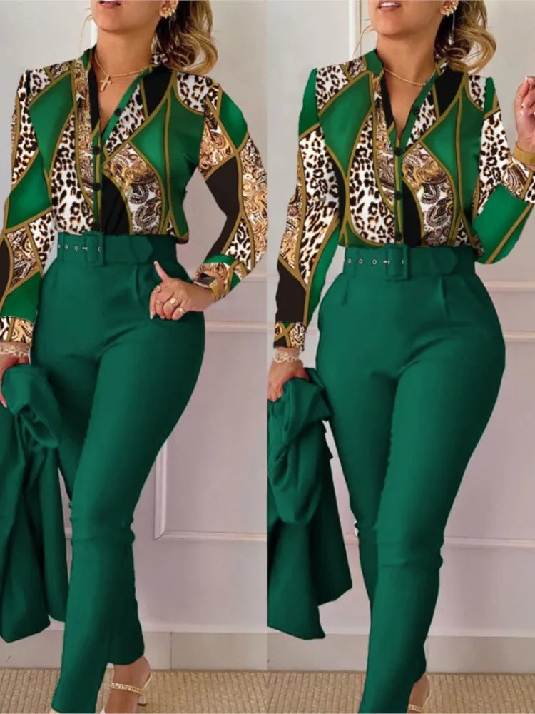 Autumn Winter Stand Neck Floral Print Long Sleeve Shirt Pants Two Piece Sets Elegant Women Casual Shirt Trousers Suits With Belt
