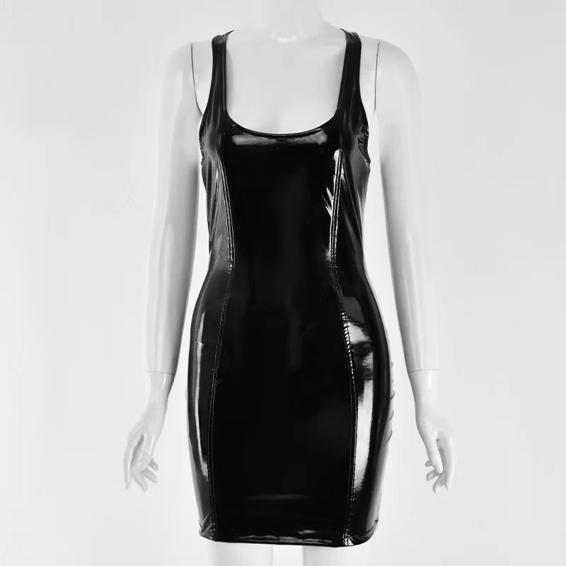 Sexy Pink PU Leather Bodycon Dress 2024 Summer Women Sleeveless Low Cut Back Zipper Elastic Mini Dress Party Club Dresses