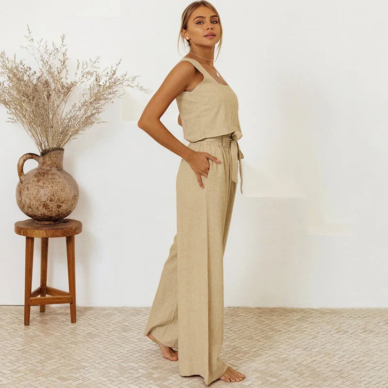 Women Casual Solid Color Suit Sweet 2 piece Set Sleeveless Vest Wide Leg Pants Cotton And Linen Sets Suumer Fashion Women's Wear