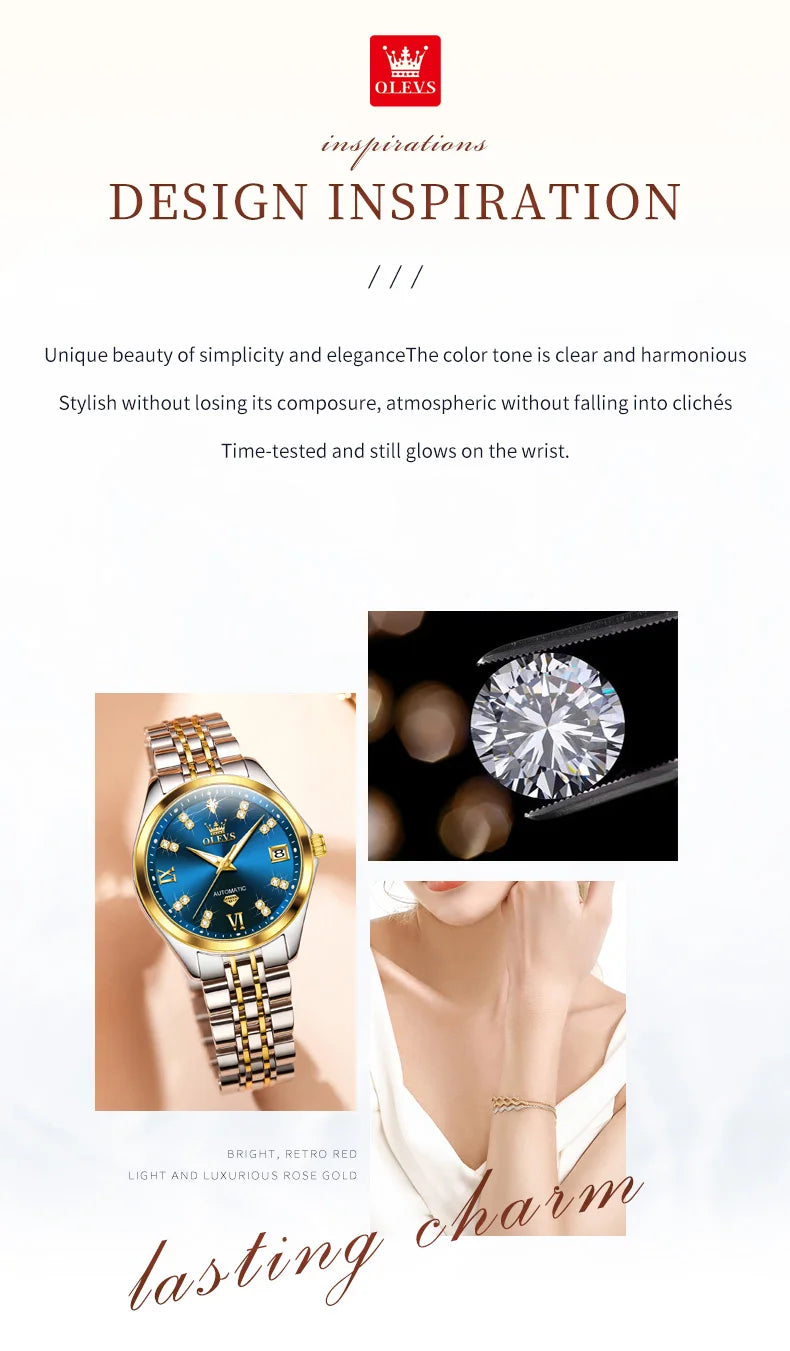 OLEVS 9801 Womens Watch Luxury Fashion Waterproof  Automatic Mechanical Watch Stainless Steel Diamond Date Ladies Watch Set