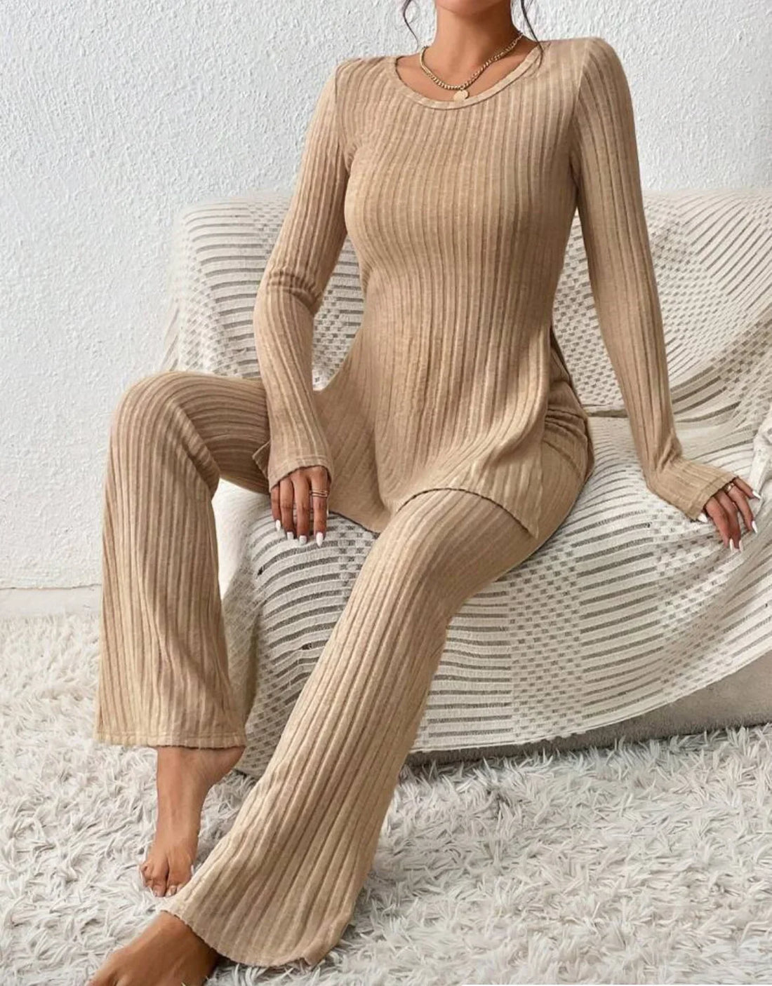 Autumn Winter Fashion Knit Suit 2024 Casual Loose Pullover+Elastic Long Pants Print Knitted Solid Two Pieces Sets Women Clothing