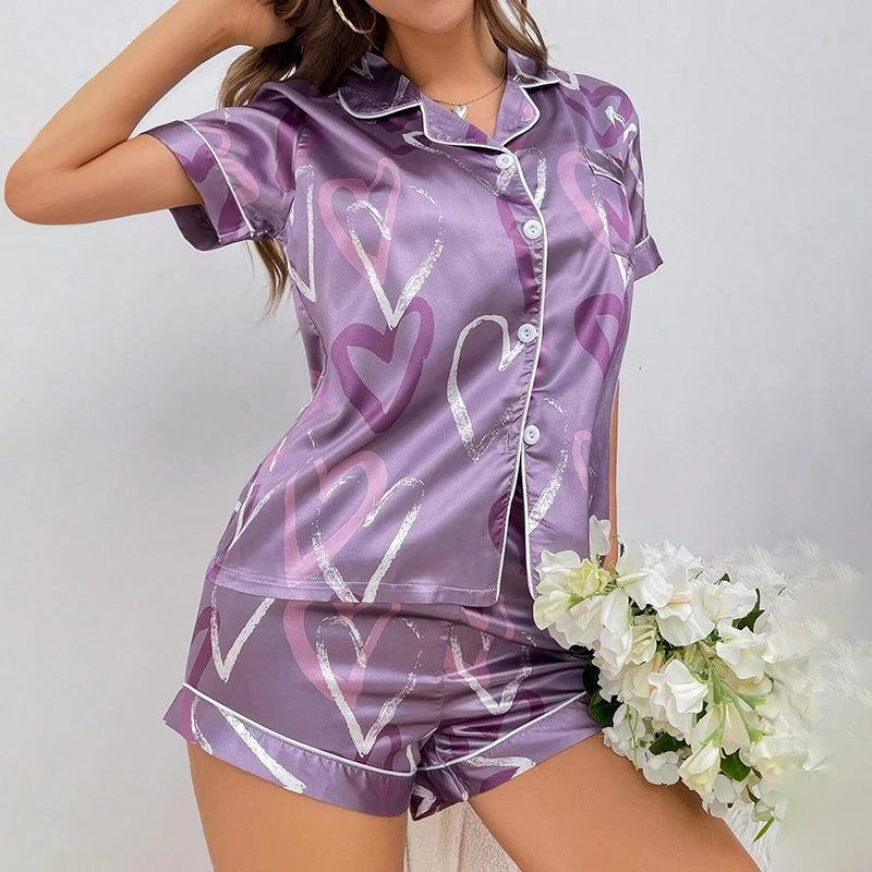 Women's Pajama Pj Set Heart Print Satin Pyjama Casual Short Sleeve Lapel Collar Tops & Pants Sleepwear & Loungewear for Adults