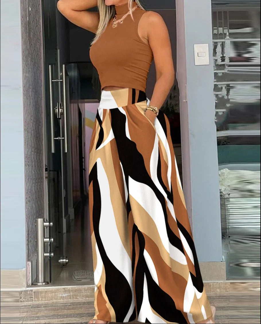 Autumn New Sleeveless Vest For Women's Suit Fashion Printed Wide Leg Trousers Slim Elegant Female Temperament Office 2 Piece Set