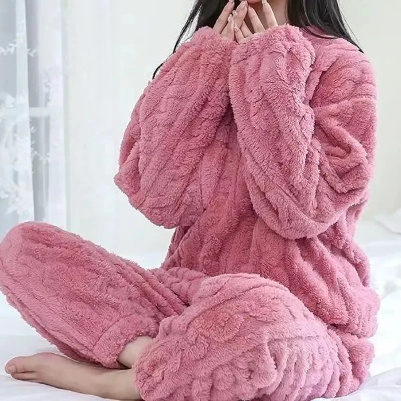 Autumn Women Solid Warm  Thicken Velvet Ribbed Fleece Set Pullover And Pants Women Casual Pajama Sets 2024