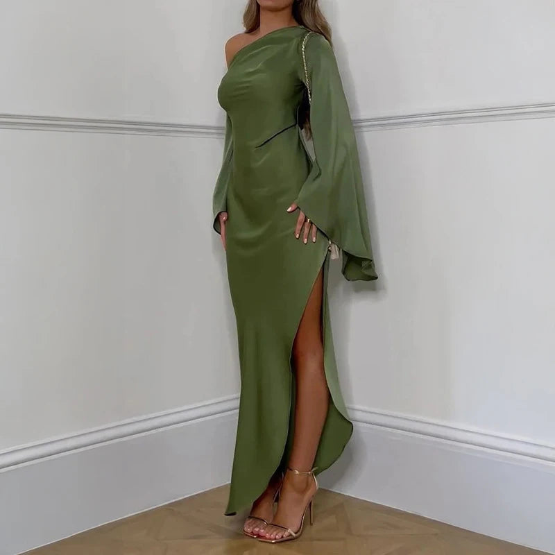 Green Asymmetrical Slim Women Robe Dress Sexy Off Shoulder Long Sleeved Party Dress 2024 Autumn Elegant Side Split A-line Dress