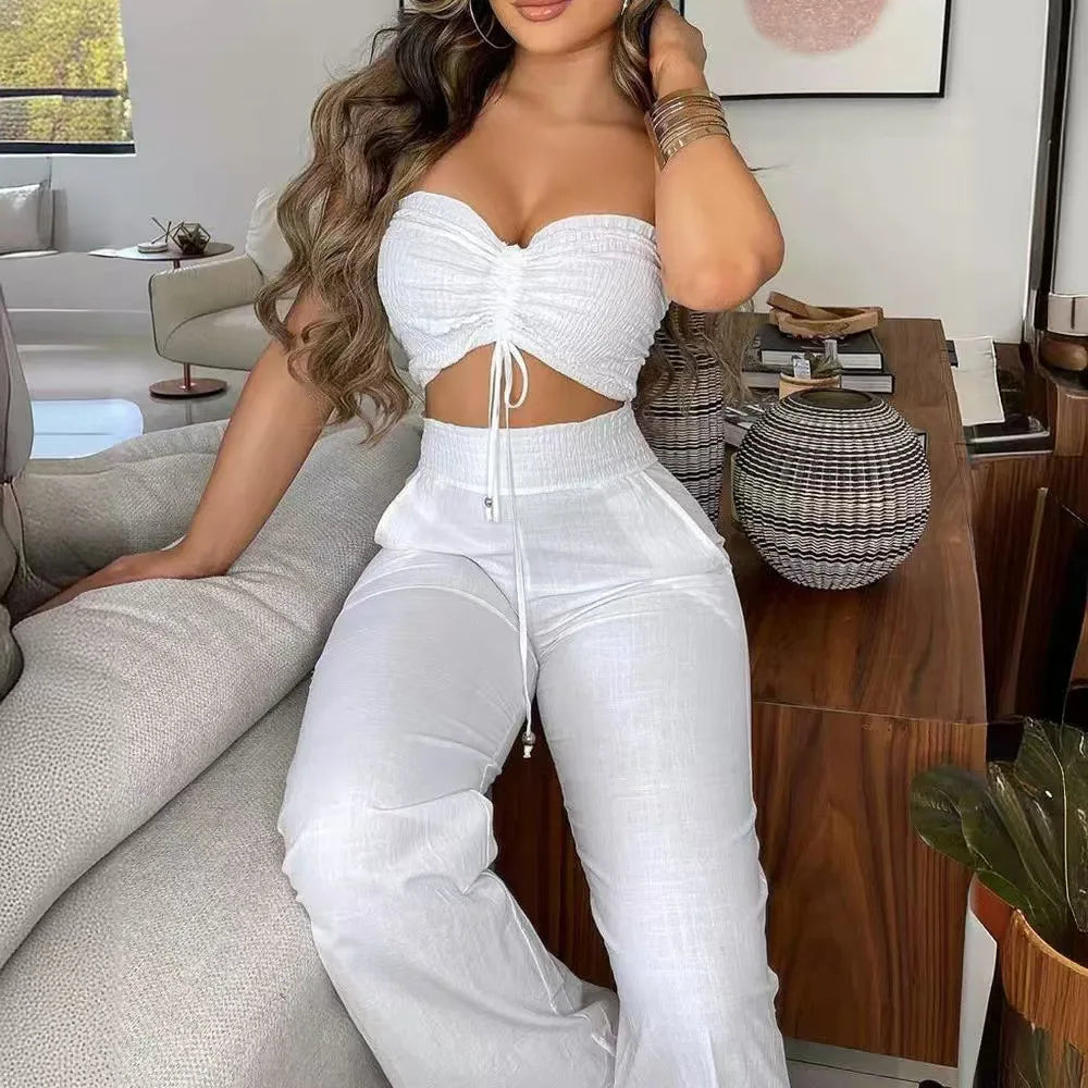 Sexy Women's 2-piece Sets Suit Spring Summer White Waistless Slim-fitting Bandeau Wide-leg Trousers Fashion Suit Women Clothing