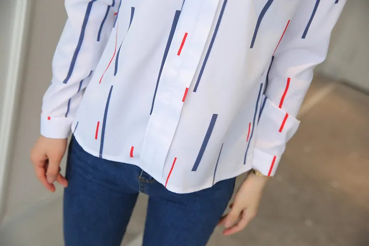 Stripe Women Blouse Fashion Standing Collar Women's Shirt Long Sleeved Shirts and Blouses Printing Ladies Tops Basic Womens Tops