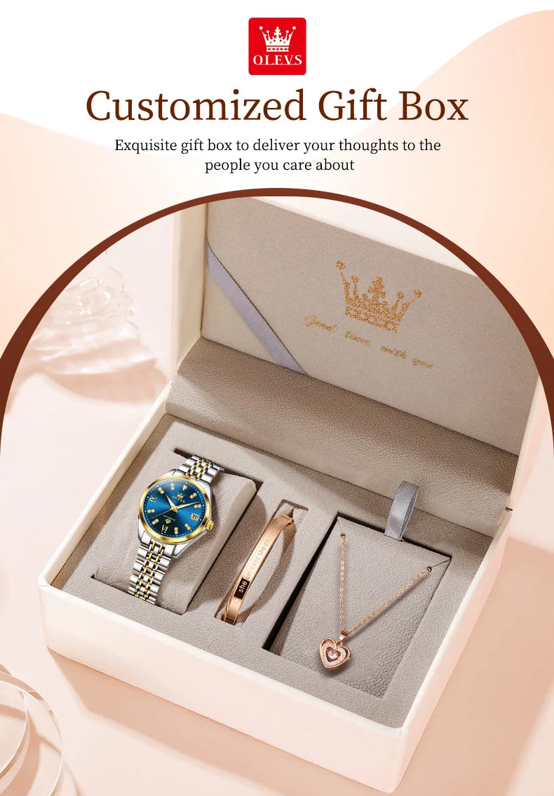 OLEVS 9801 Womens Watch Luxury Fashion Waterproof  Automatic Mechanical Watch Stainless Steel Diamond Date Ladies Watch Set