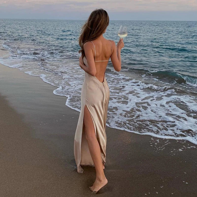 Women Summer Satin Silky Spaghetti Strap Split Long Dress Elegant Sleeveless Backless Club Party Beach Sexy Dresses Vestito 2021