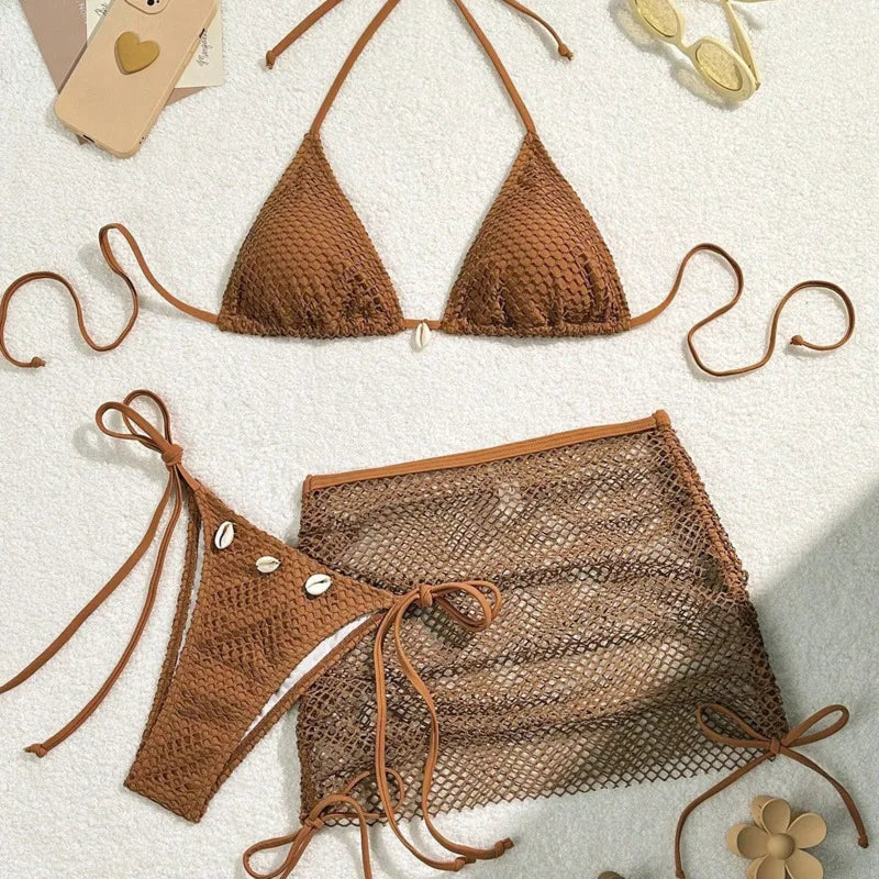 New Sexy Net Bikinis Female Swimsuits Women Three-Piece Swimwear Beach Swim Wear Bathing Suits Brazilian Bikini Set Pool Bather