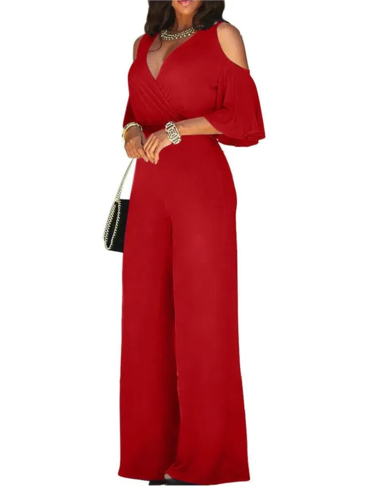 Spring Summer Solid Color Women Sexy Deep V Neck Short Sleeve Rompers Fashion Slim Fit Lace Up Elegant Female Wide Leg Jumpsuit