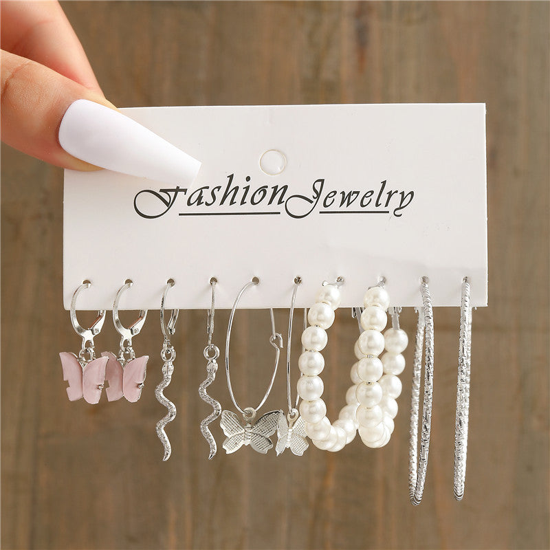 Trendy Silver Color Butterfly Hoop Earrings Set for Women Girls Geometric Irregular Metal Resin Acrylic Earrings Jewelry
