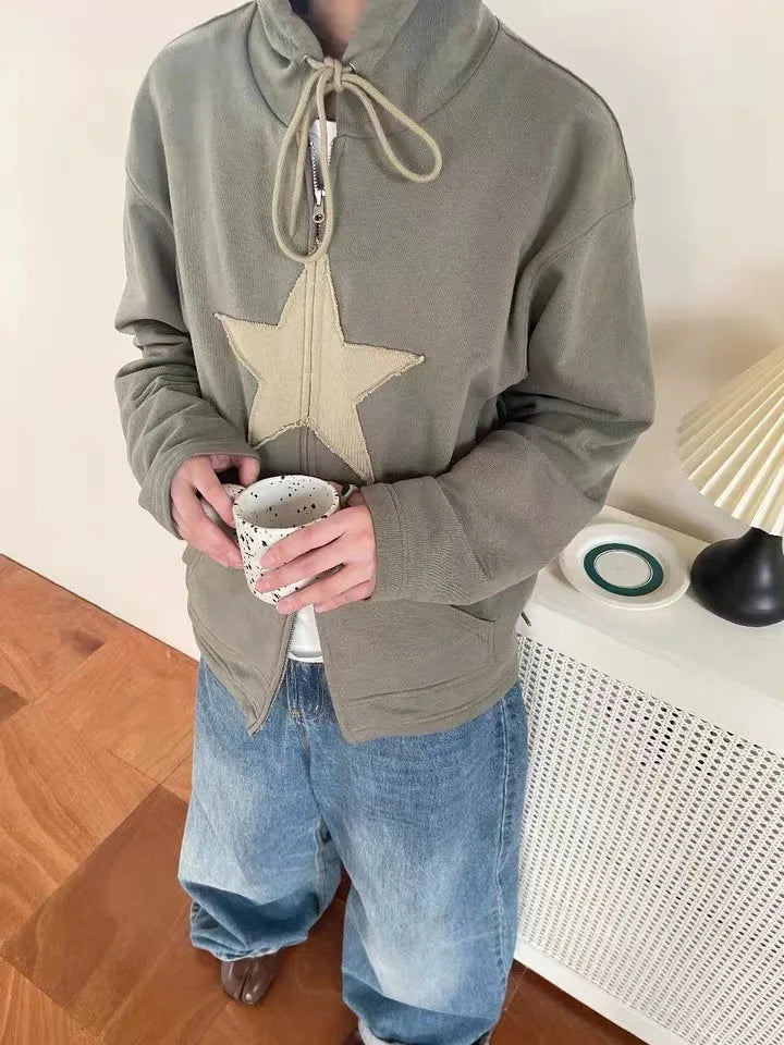 y2k Sweatshirt Men Star Print Long Sleeve Hooded Tops 2000s Aesthetic Clothes Zip Up Streetwear Fairycore Grunge Jacket Fall