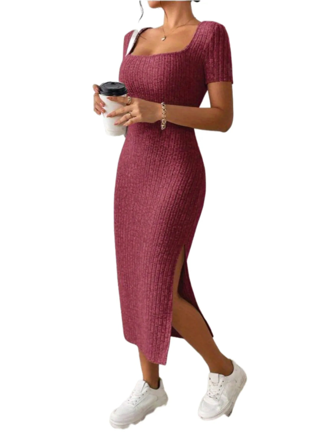 Summer Square Neck, Hip-Hugging Mid-Length Skirt, Short-Sleeved, Versatile Knitted Slit Dress