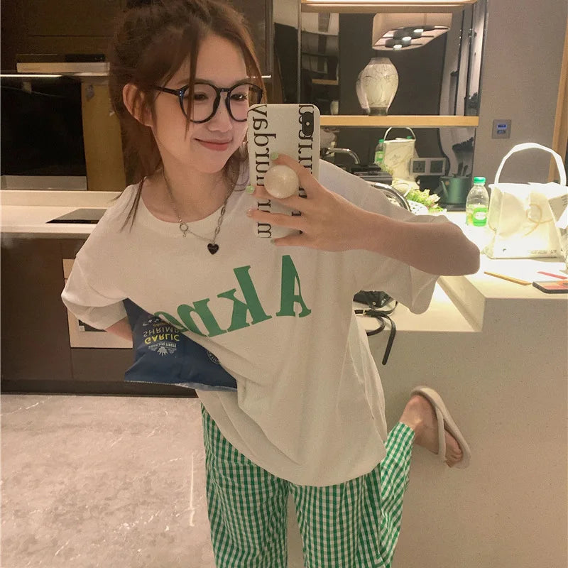 Women's Summer New Pajamas Loungewear Set Women's Short Sleeve Loose Loungewear Can Be Worn Outside Japanese Casual Plaid Suit