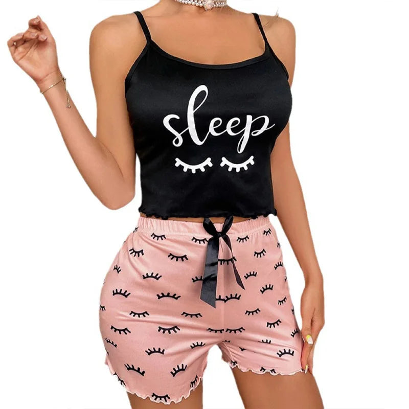 Women's Milk Silk Print Pajama Sleeveless Camisole Shorts Comfortable Sleepwear Loungewear Homewear Nightwear