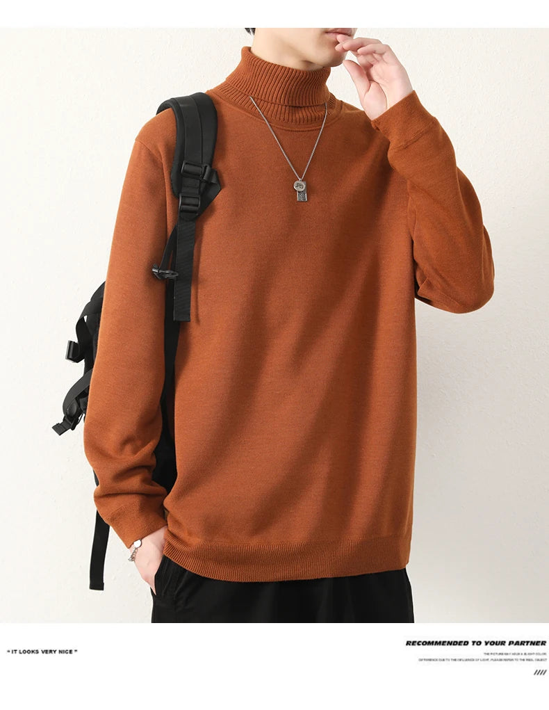 Mens Winter Sweater Thick Warm Knitwear Man Classic Solid Bottom Shirts Men's Pullover White Beige Korean Fleeced Clothes