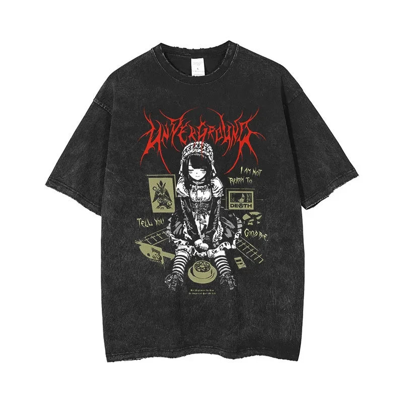 Anime Men's T Shirts Gothic Printed T-Shirt Hip Hop Streetwear Punk Summer Vintage Washed Oversized Tops Men Clothing
