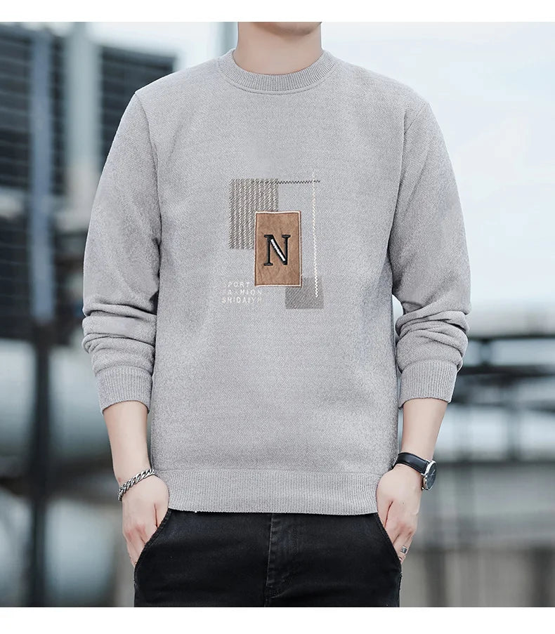 Autumn Winter Fashion Sweater Men's Round Neck Pullovers Fleece Thick Warm Jumpers Pattern Patchworked Men's Clothes