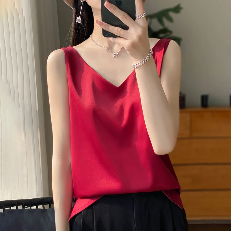 2024 New Silk Satin Women's Tank Top Basic V-neck Multi Color White Black Women's Sleeveless Top Summer Sexy Bottom