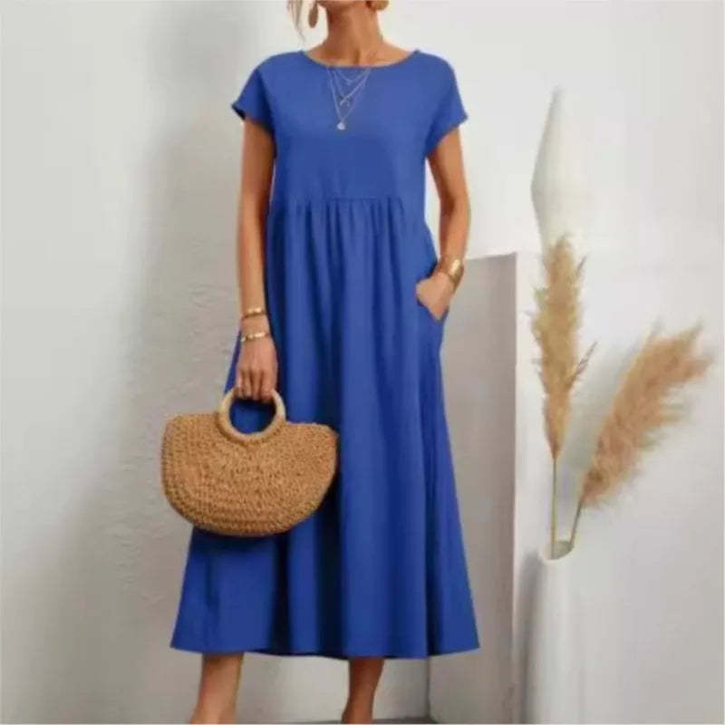 2024 Summer New Short Sleeved Women's Dress With Loose Casual Pockets Solid Color Round Neck Pullover Long And Elegant Dress