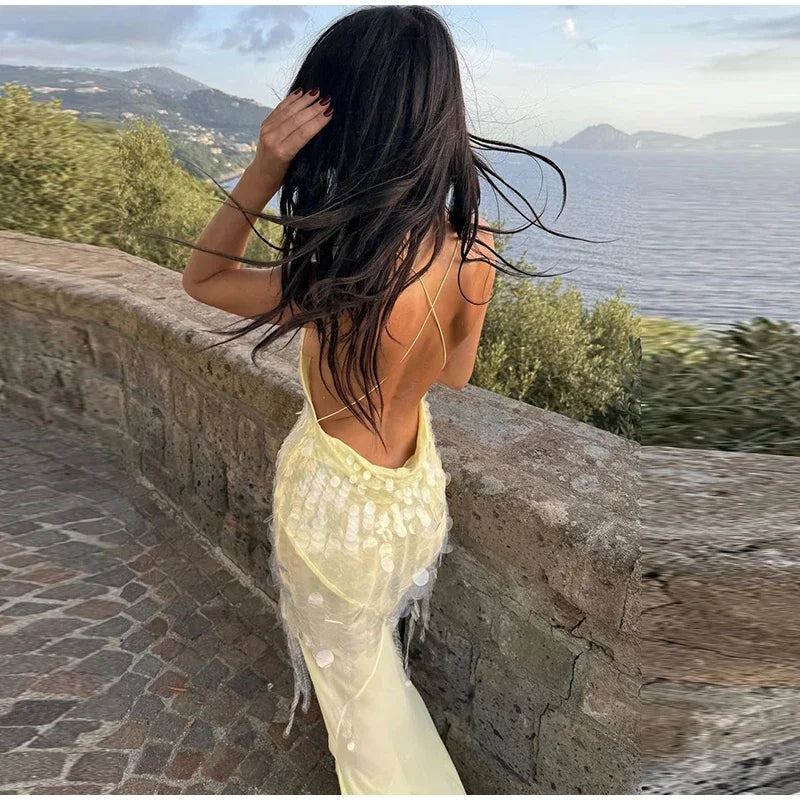 Sexy Sequins Backless Long Mermaid Dress Women Bodycon Halter Neck Sleeveless See Through Party Dresses 2024 Autumn Evening Gown