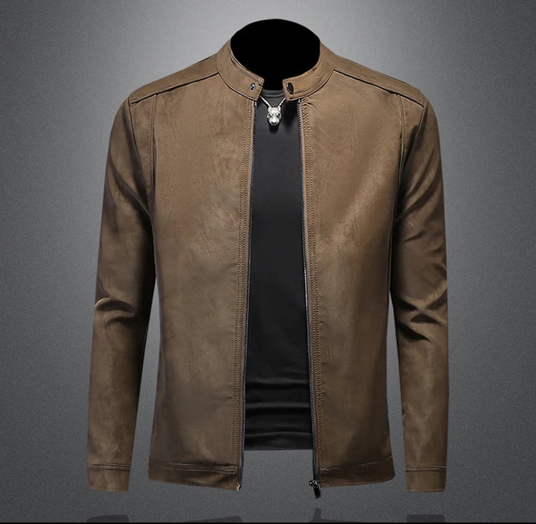 2025 new high-quality slim fit leather jacket, men's casual stand up collar motorcycle leather jacket,