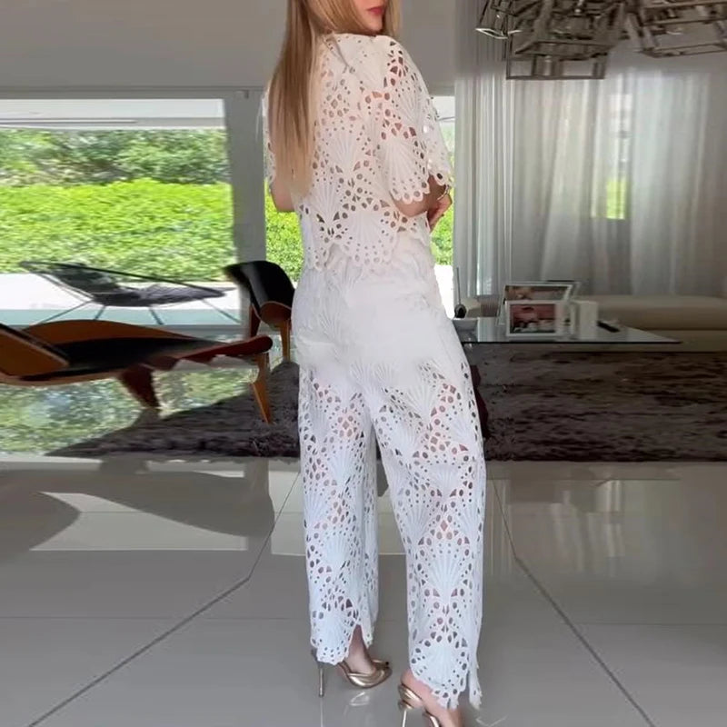 Trendy Solid Set Summer New Lace Embroidery Ruffles Elegant Outfits Women Hollow Out O Neck Half Sleeve Tops&Wide Leg Pants Sets