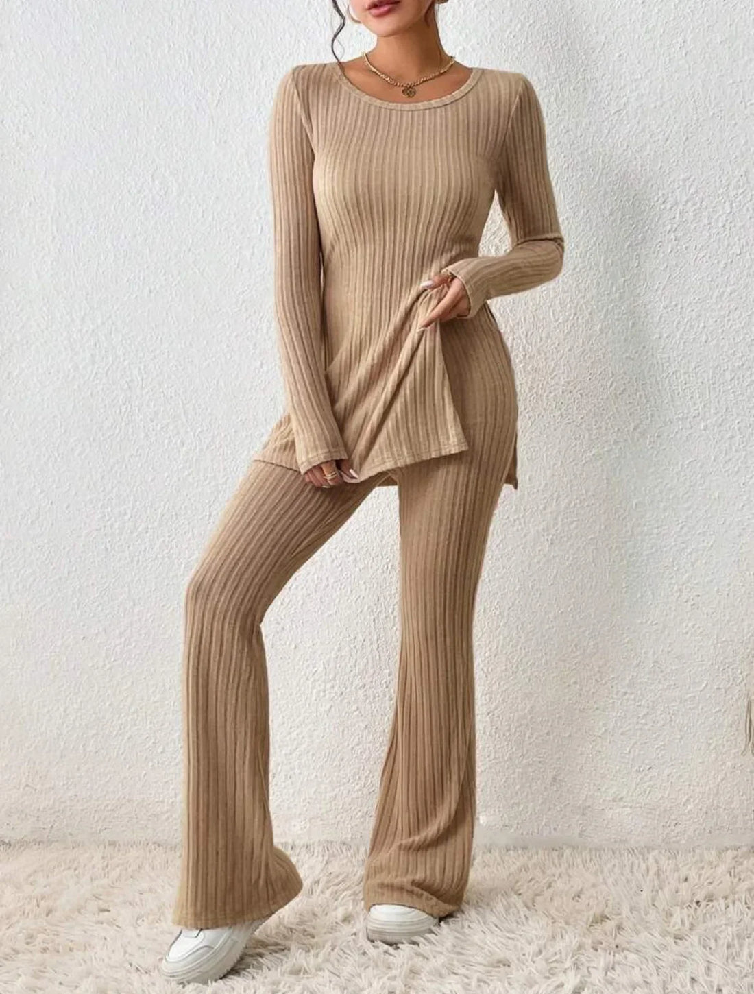 Autumn Winter Fashion Knit Suit 2024 Casual Loose Pullover+Elastic Long Pants Print Knitted Solid Two Pieces Sets Women Clothing
