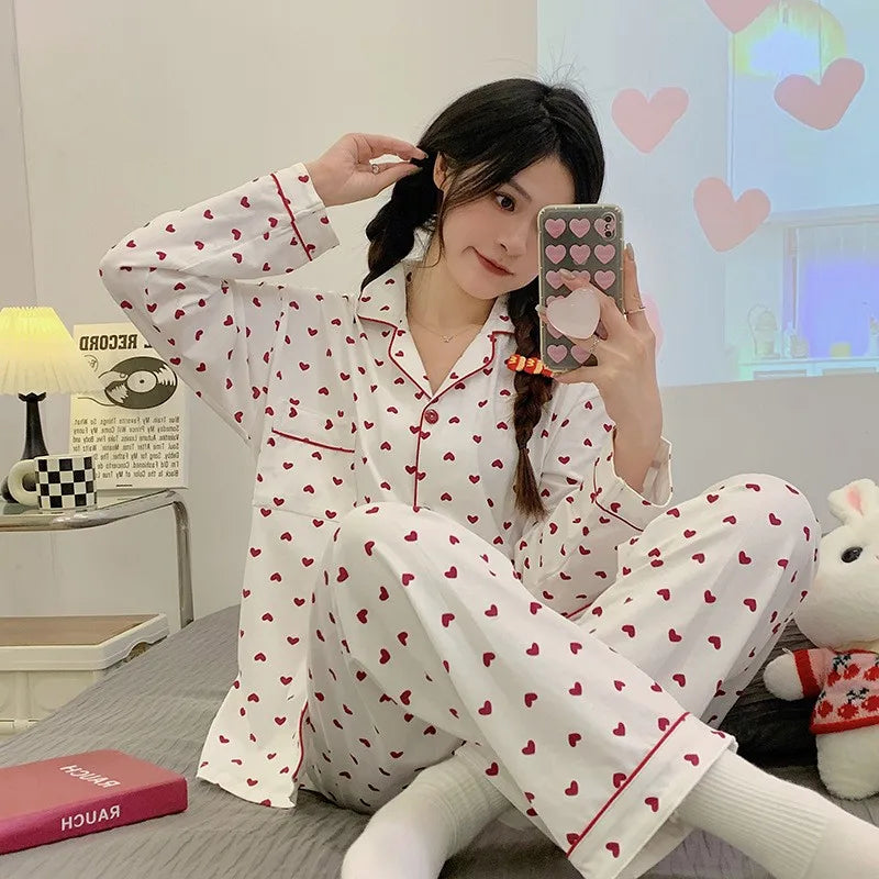 Spring and Autumn New Ladies Korean Pajamas Homewear Set Girls Students Long-Sleeved Pajamas Senior Sense of Homewear Set