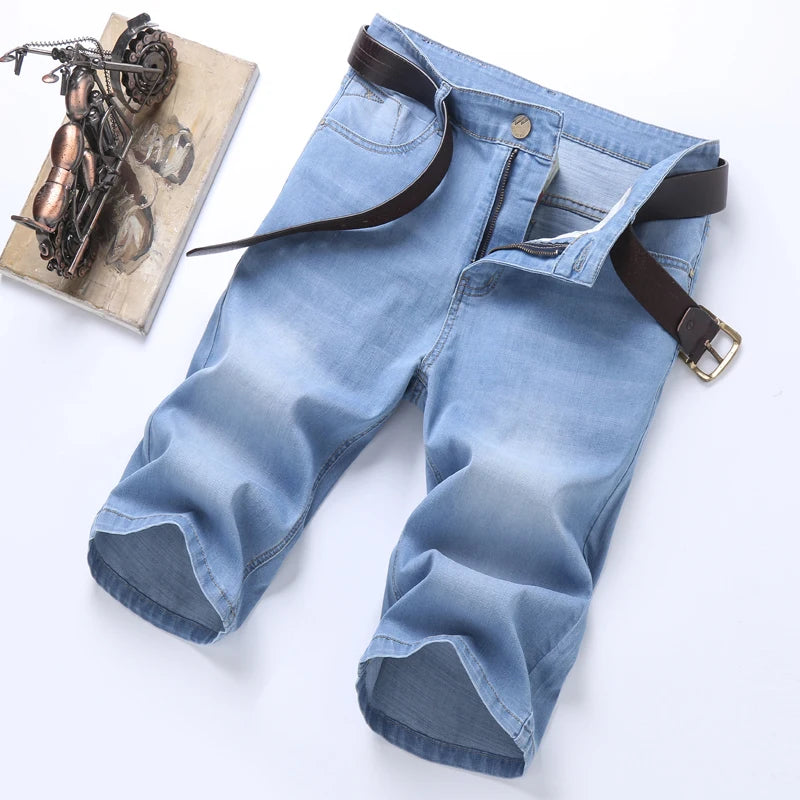Summer Classic Shorts Jeans Men Denim Pants Straight Stretch Casual Cool Thin Knee Length Sky Blue Fashion Brand Daily Trousers