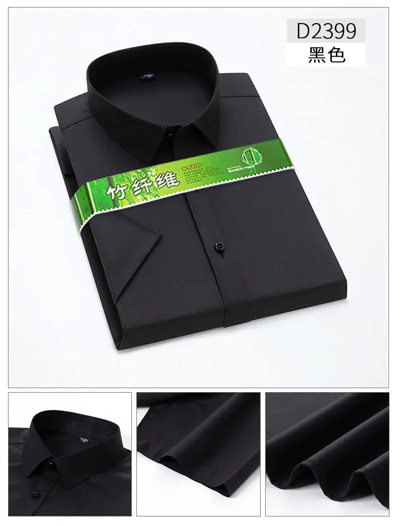 Bamboo Fiber Stretch Men Shirt Fashion Casual Business Short-Sleeved Top Anti-Wrinkle No-Iron Solid Color Formal Shirt S-6XL