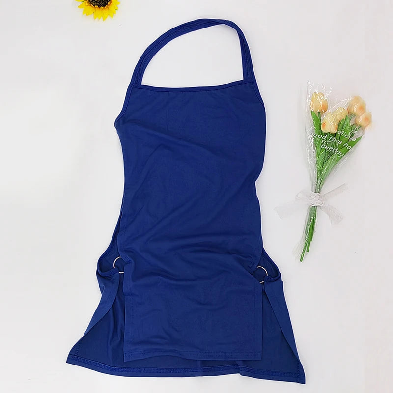 New Solid Color Sling Mini Dress Metal Buckle HollowHip Deep Split Metal Circle Decoration Hottie Girls Spicy Clubwear Street