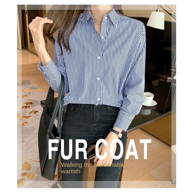 Korean Loose Shirt Classic Striped Woman Spring Autumn Blouses Shirt Lady Long Lantern Sleeve Stand Collar Loose Blusas Tops
