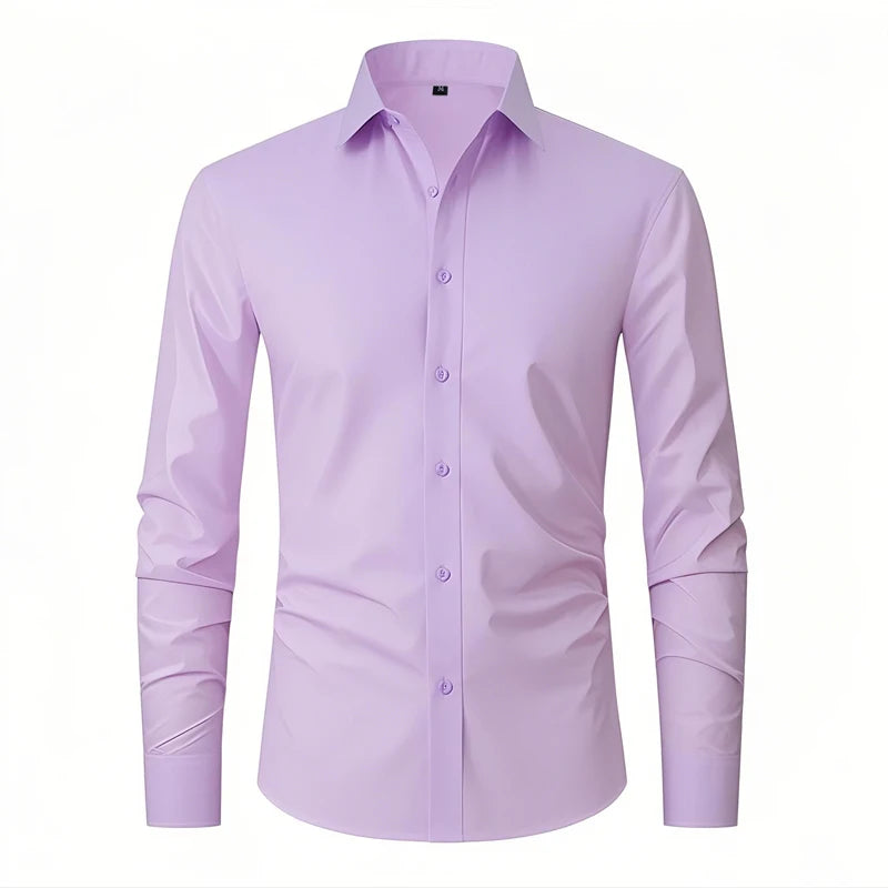 Hot New Mens Formal Shirts Long Sleeve Solid Color Anti-Wrinkle Stretch Fashion Business Free Slim Fit Office Social White Shirt