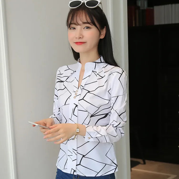 Stripe Women Blouse Fashion Standing Collar Women's Shirt Long Sleeved Shirts and Blouses Printing Ladies Tops Basic Womens Tops