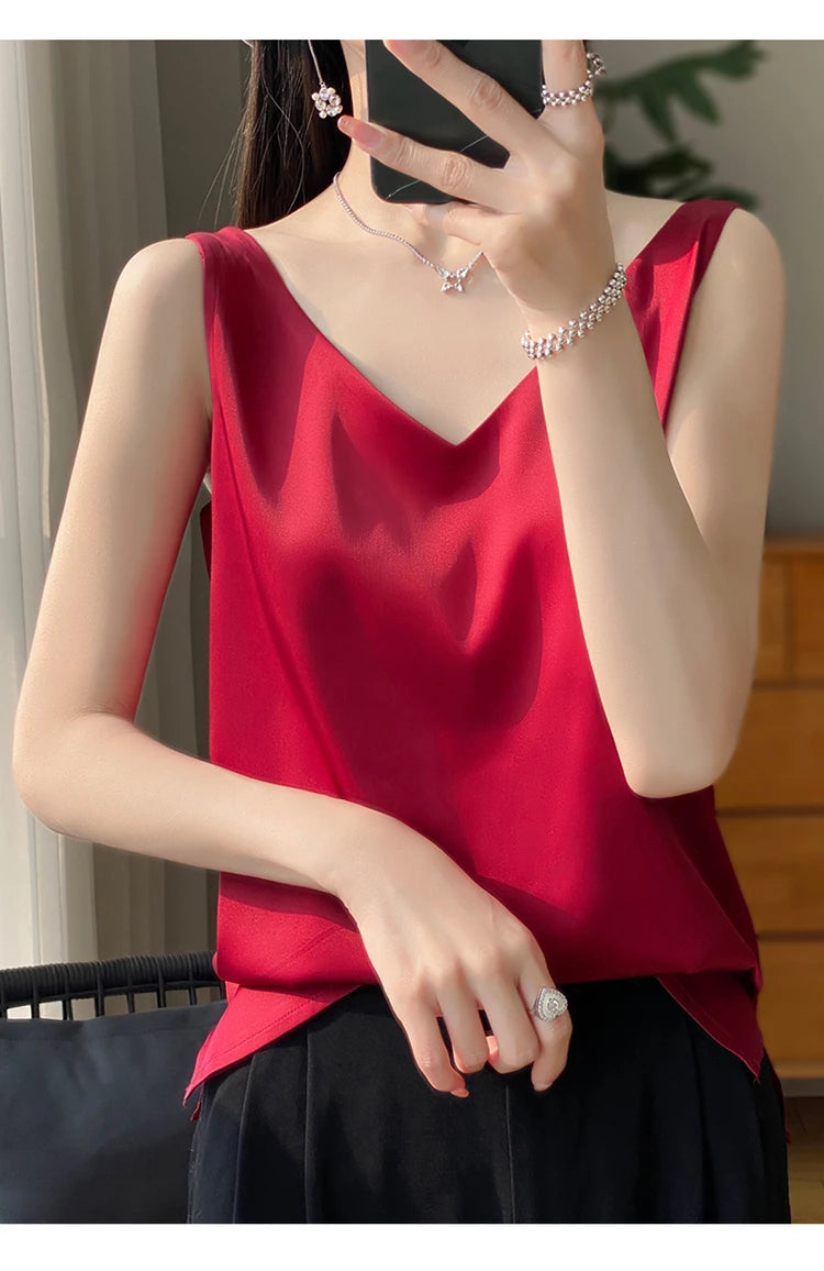 2024 New Silk Satin Women's Tank Top Basic V-neck Multi Color White Black Women's Sleeveless Top Summer Sexy Bottom