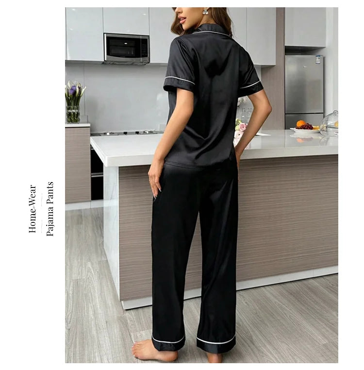 Satin Pajama For Women Home Clothes Pajamas Autumn Short Sleeve Turn-down Collar Tops & Pants Sleepwear 2 Piece Set Pyjama Femme