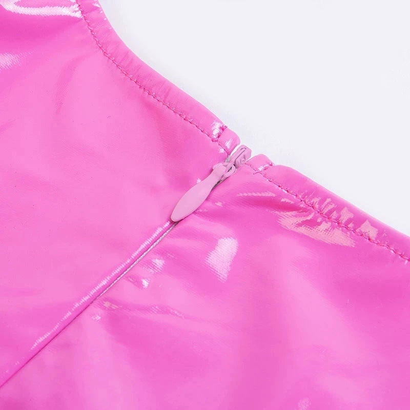 Sexy Pink PU Leather Bodycon Dress 2024 Summer Women Sleeveless Low Cut Back Zipper Elastic Mini Dress Party Club Dresses