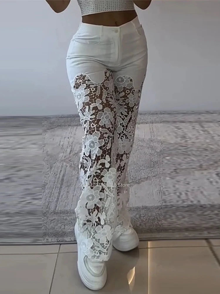 Retro Lace Patchwork Women Blue Denim Pants High Waist Wide Leg Baggy Jeans Chic Y2k Fashion Casual Elegant High Street Trousers